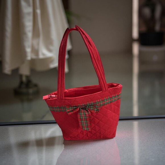 Red Quilted Christmas Tote & Wallet Set, Tartan Plaid Bow, Zip Top Shoulder Bag - Picture 3 of 8